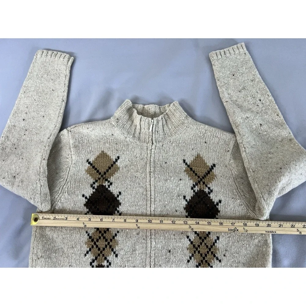 VTG Eddie Bauer 100% Wool Full Zip‎ Up Argyle Knit Sweater Sz Medium Beige Y2K